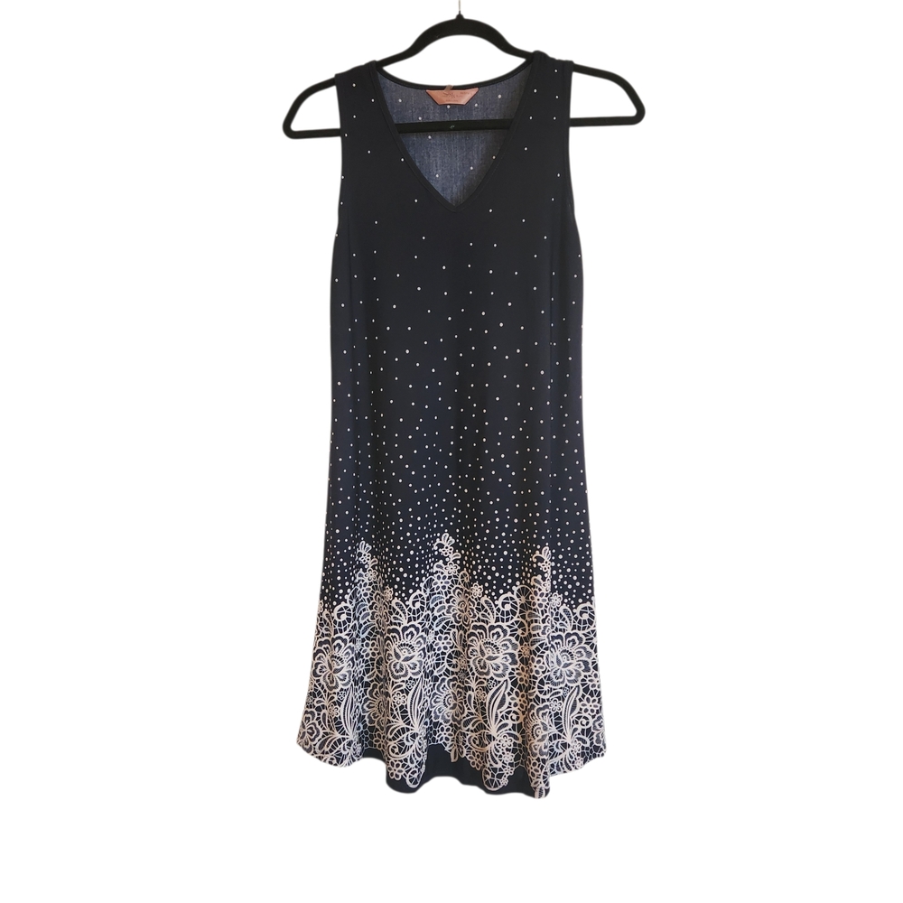 SJS Sleeveless Navy/White Polka Dot Embroidered Dress Size SP Lightweight Flowy